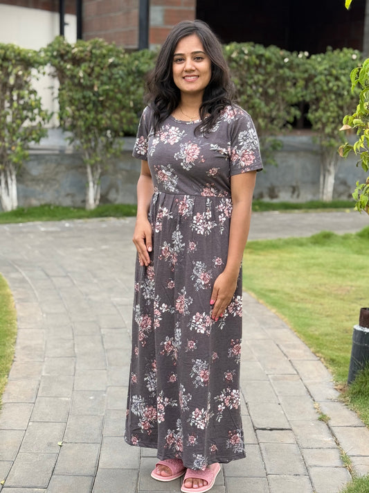 SOFT COTTON MAXI WEAR GREY WITH FLORAL PINK