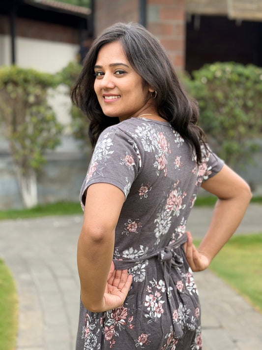 SOFT COTTON MAXI WEAR GREY WITH FLORAL PINK