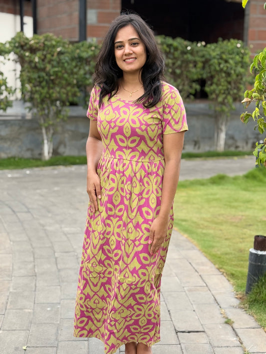 SOFT COTTON MAXI WEAR WITH SAFFRON WITH MILD PINK