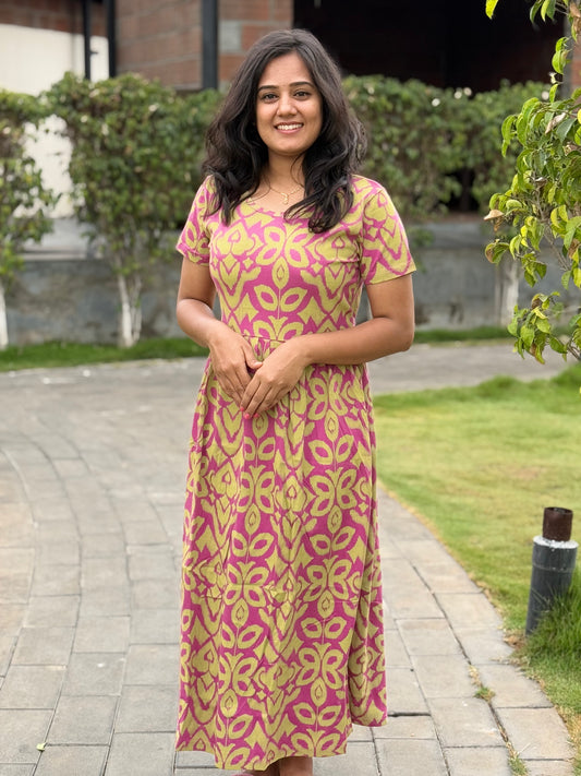 SOFT COTTON MAXI WEAR WITH SAFFRON WITH MILD PINK