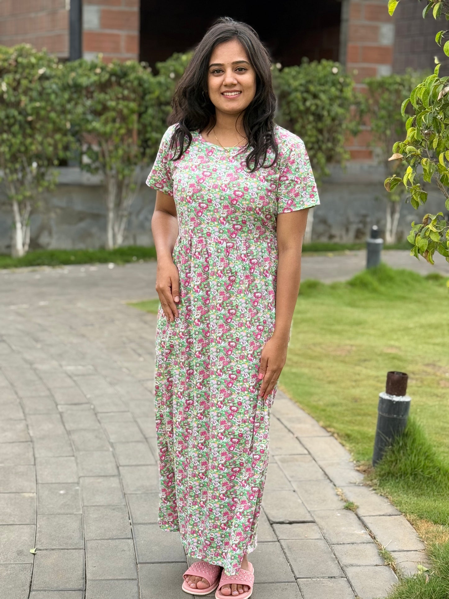 SOFT COTTON MAXI WEAR WITH GREENY WITH FLORAL PRINTED