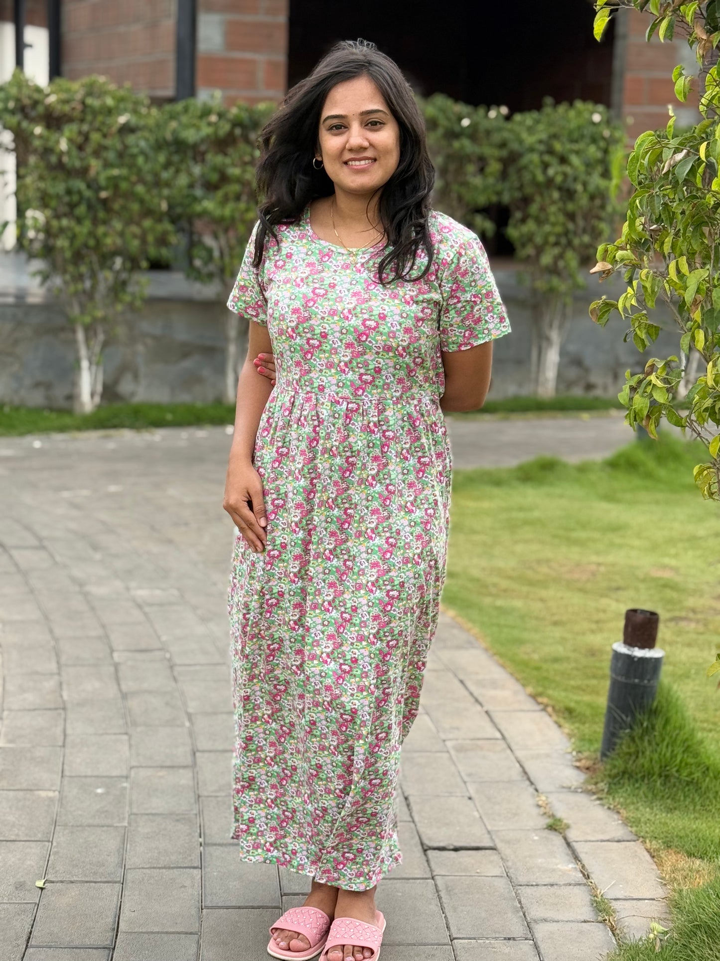 SOFT COTTON MAXI WEAR WITH GREENY WITH FLORAL PRINTED