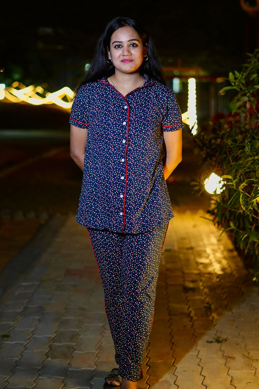 PREMIUM COLLAR PYJAMA SET DRESS WITH NAVY DOT