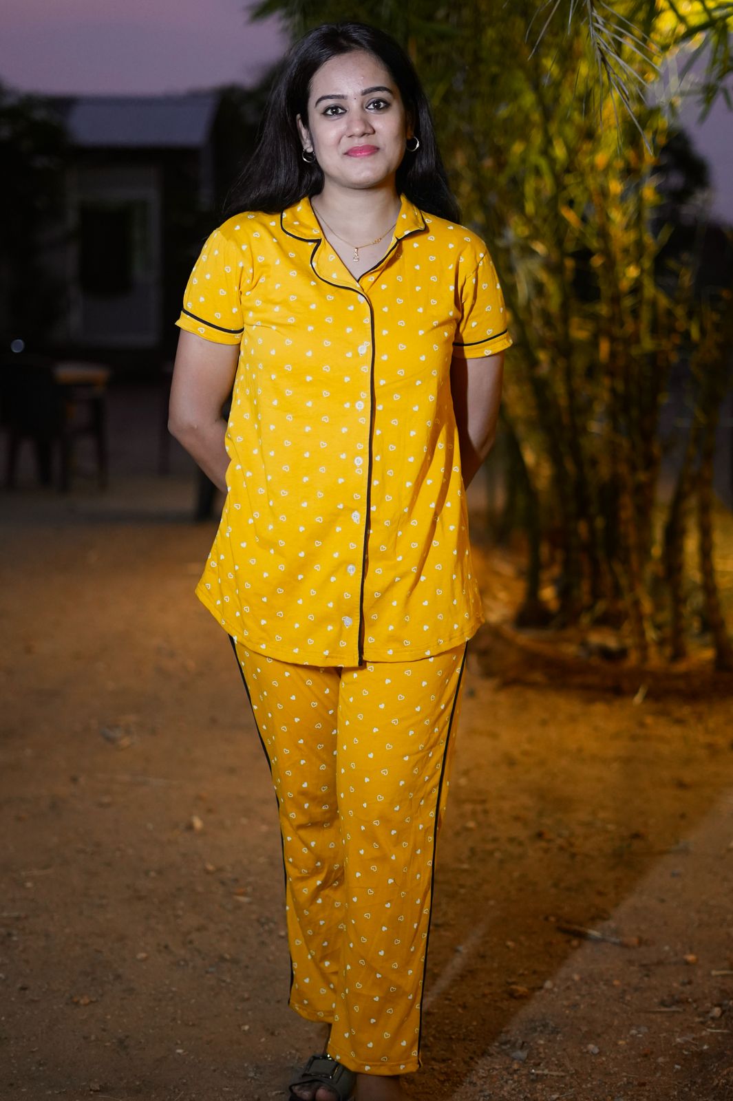 PREMIUM COLLAR PYJAMA SET DRESS WITH YELLOW HEART