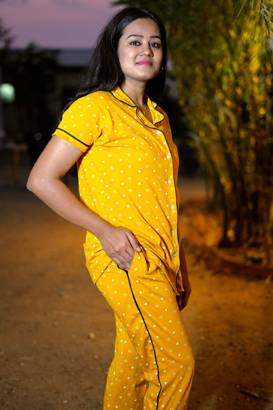 PREMIUM COLLAR PYJAMA SET DRESS WITH YELLOW HEART