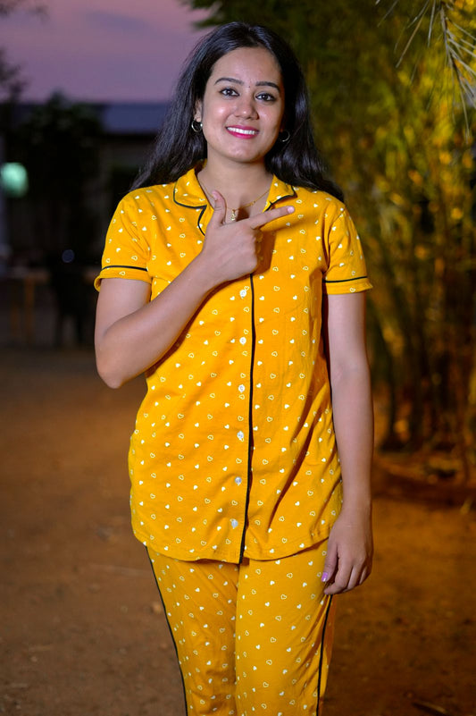 PREMIUM COLLAR PYJAMA SET DRESS WITH YELLOW HEART