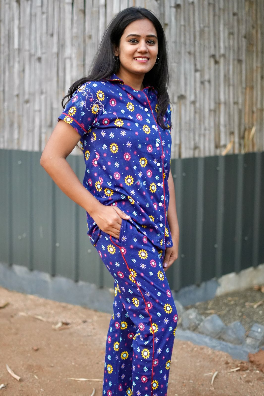 PREMIUM COLLAR PYJAMA SET DRESS WITH FLORAL BLUE