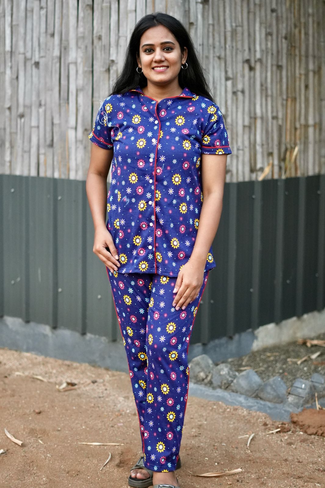PREMIUM COLLAR PYJAMA SET DRESS WITH FLORAL BLUE