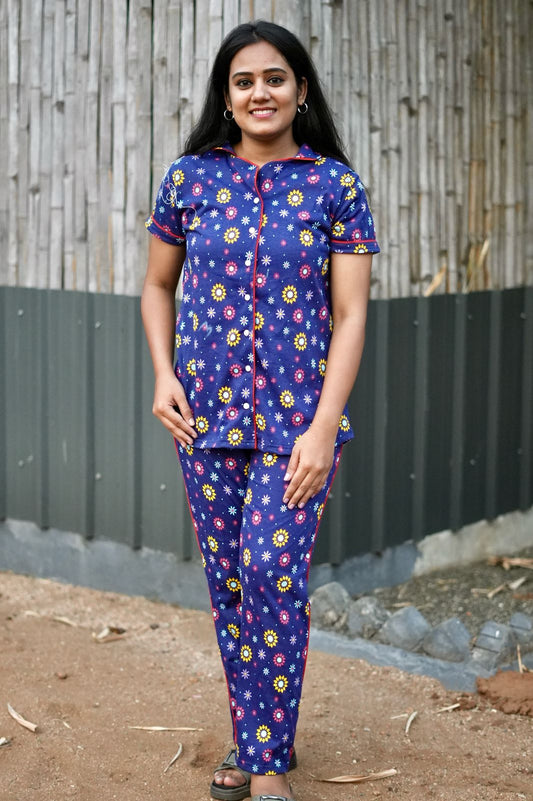 PREMIUM COLLAR PYJAMA SET DRESS WITH FLORAL BLUE