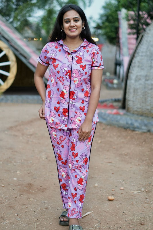 PREMIUM COLLAR PYJAMA SET DRESS WITH TEDDY PINK