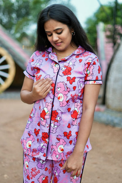 PREMIUM COLLAR PYJAMA SET DRESS WITH TEDDY PINK