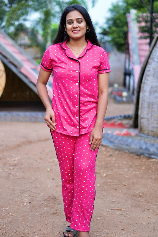 PREMIUM COLLAR PYJAMA SET DRESS WITH ROSE