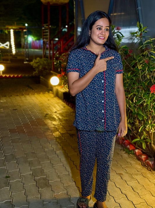 PREMIUM COLLAR PYJAMA SET DRESS WITH NAVY DOT