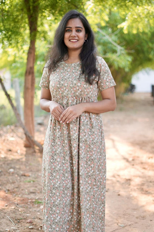 Soft Cotton Kurta Maxi Style with Mild Floral Brownie