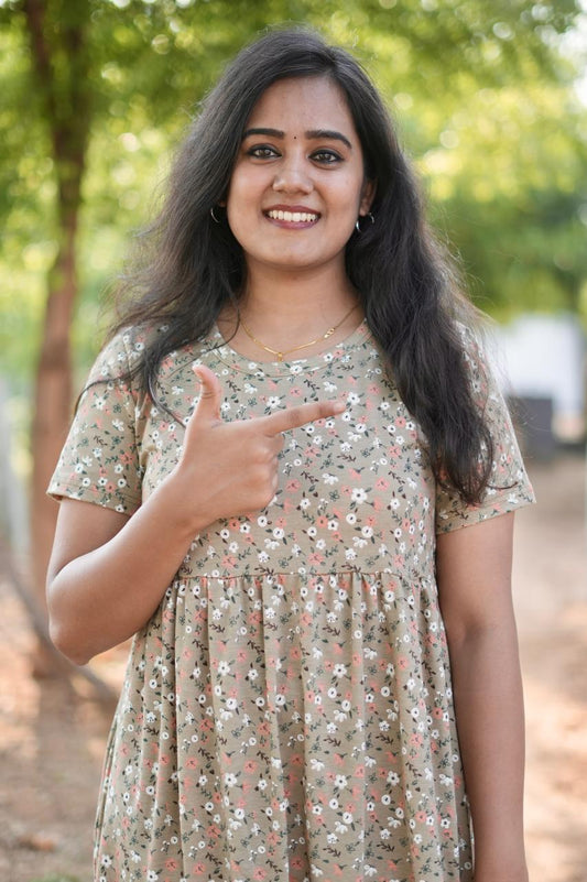 Soft Cotton Kurta Maxi Style with Mild Floral Brownie