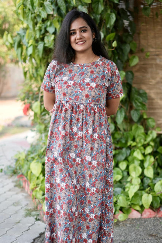 Soft Cotton Kurta Maxi Style with Floral Brown