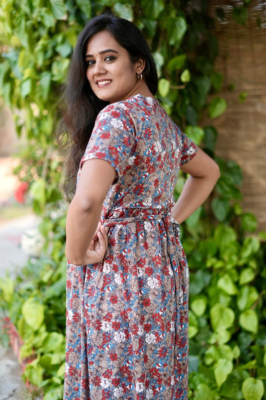 Soft Cotton Kurta Maxi Style with Floral Brown