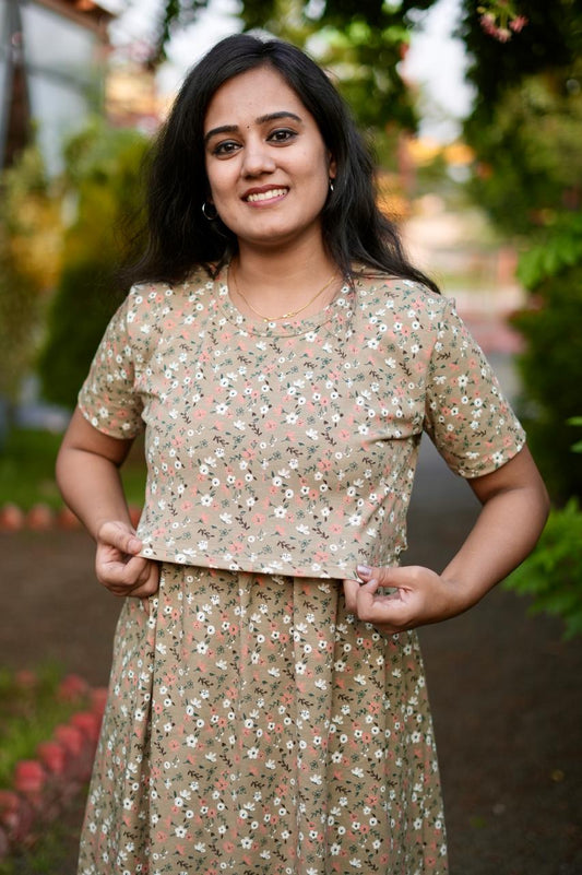 Premium Maternity Zipless Lounge Wear with MILD FLORAL BROWN