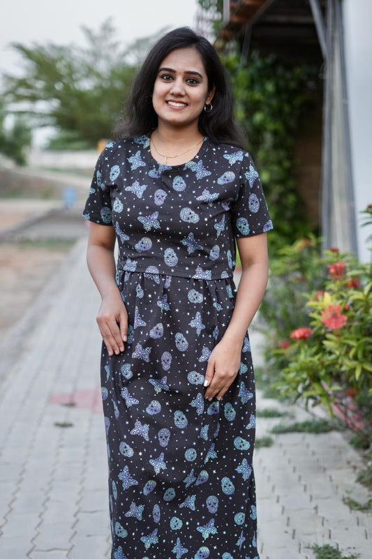 Premium Maternity Zipless Lounge Wear with Blacky with shinning printed blue