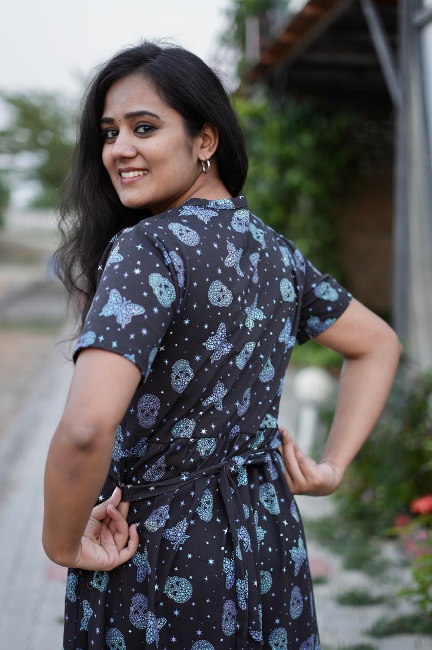 Premium Maternity Zipless Lounge Wear with Blacky with shinning printed blue