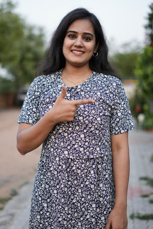 Premium Maternity Zipless Lounge Wear with Navy Stem Floral