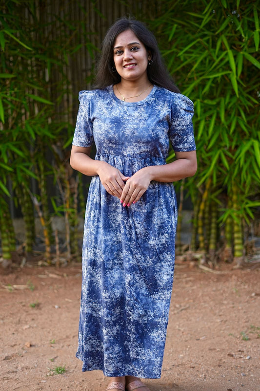 PUFF TYPE MAXI COTTON LOUNGE WEAR WITH NAVY PINCH