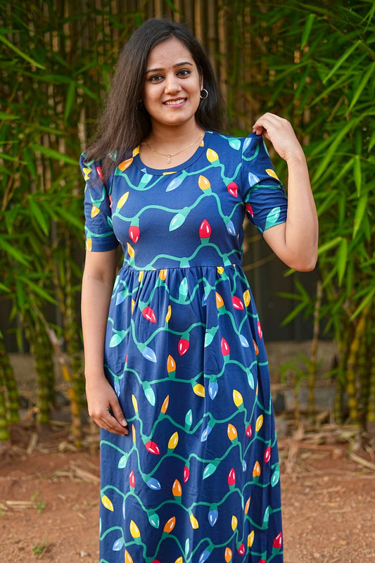 PUFF TYPE MAXI COTTON LOUNGE WEAR WITH NAVY GLOW