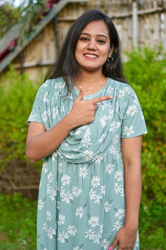 DUPATTA MAXI COTTON LOUNGE WEAR WITH FLORAL GREEN