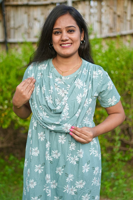 DUPATTA MAXI COTTON LOUNGE WEAR WITH FLORAL GREEN