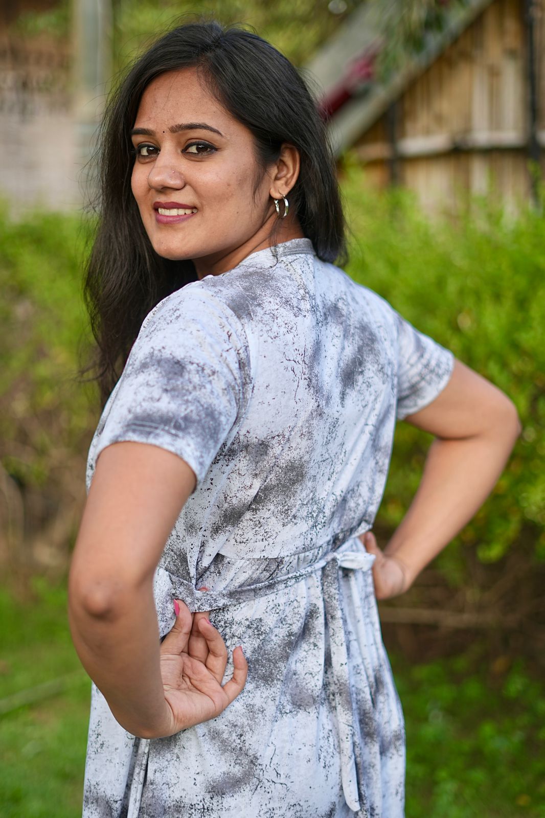 DUPATTA TYPE MAXI COTTON LOUNGE WEAR WITH ACID SHADED WHITY BLACK