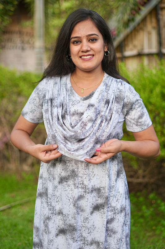 DUPATTA TYPE MAXI COTTON LOUNGE WEAR WITH ACID SHADED WHITY BLACK