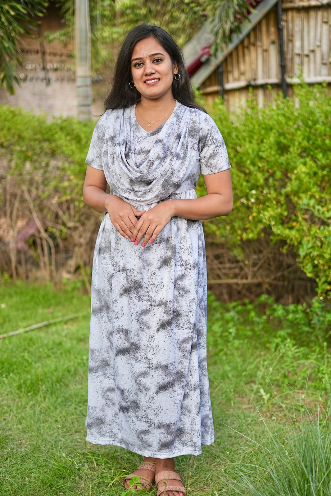 DUPATTA TYPE MAXI COTTON LOUNGE WEAR WITH ACID SHADED WHITY BLACK