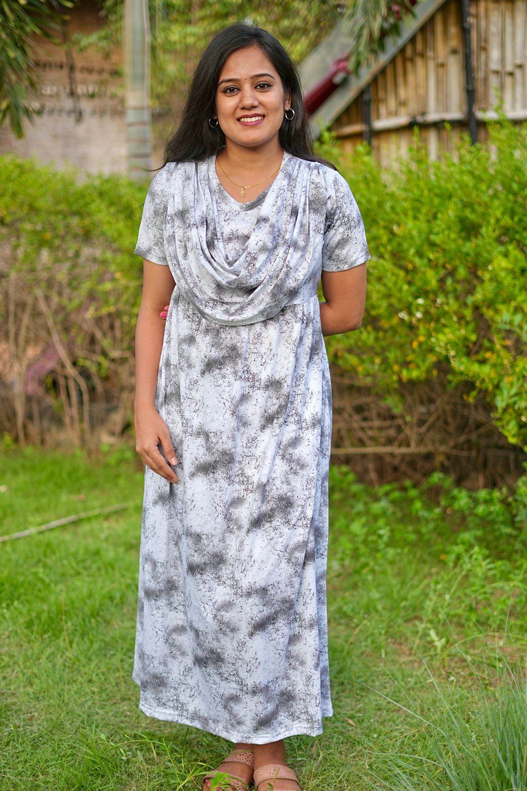 DUPATTA TYPE MAXI COTTON LOUNGE WEAR WITH ACID SHADED WHITY BLACK