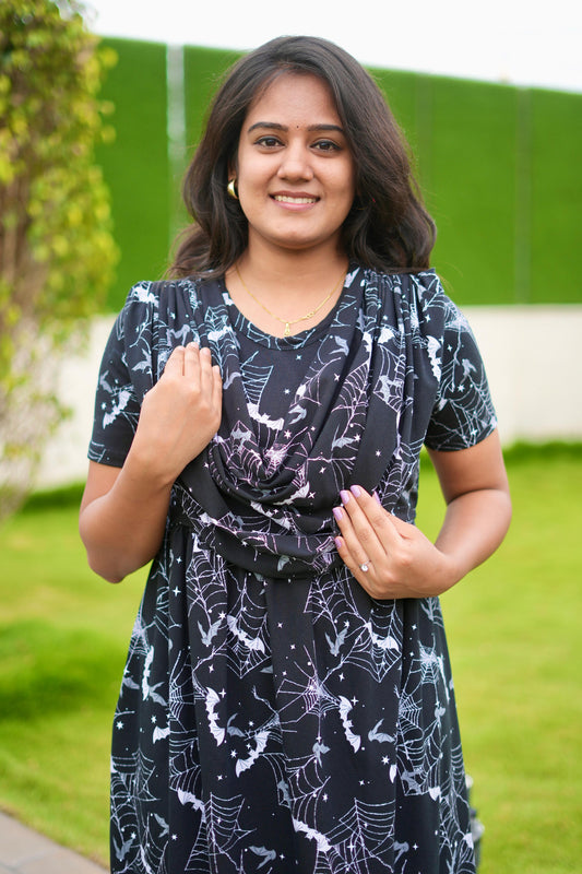 DUPATTA MAXI SOFT COTTON LOUNGE WEAR WITH SPIDER BLACK