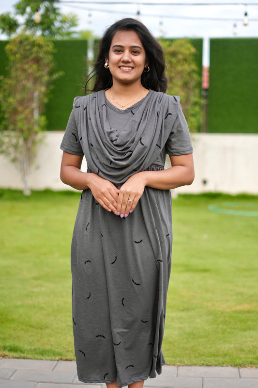 DUPATTA MAXI SOFT COTTON LOUNGE WEAR WITH BATTY GREY