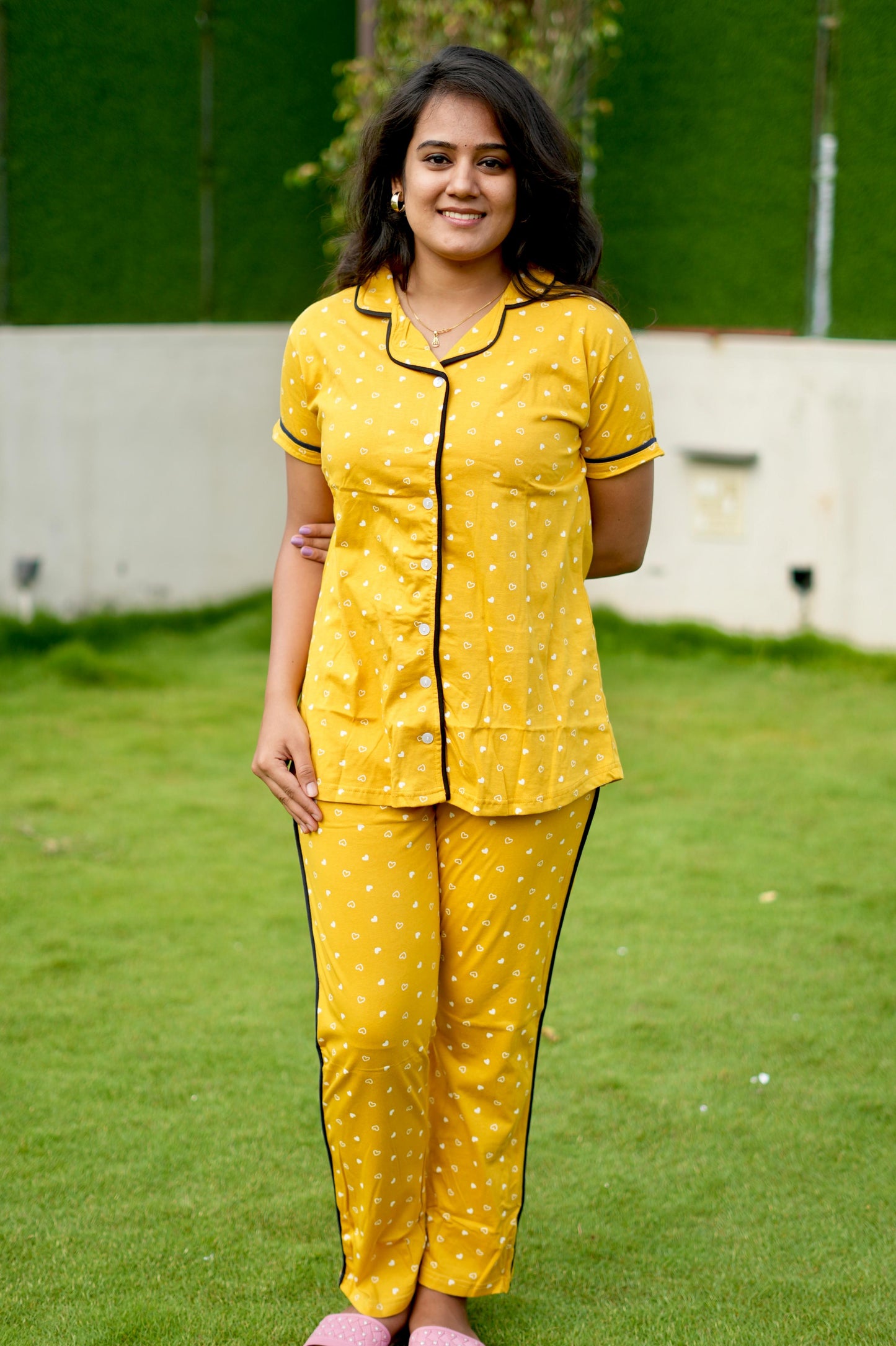 PREMIUM COLLAR PYJAMA SET DRESS WITH YELLOW HEART