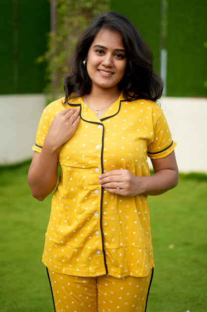 PREMIUM COLLAR PYJAMA SET DRESS WITH YELLOW HEART