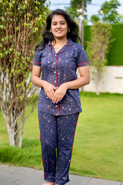 COLLAR PYJAMA SET DRESS WITH STAR NAVY