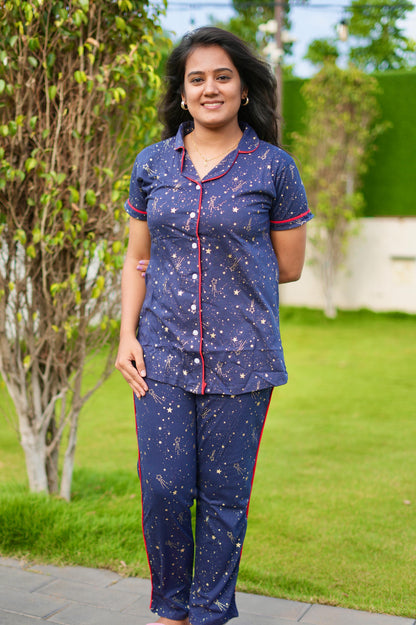 COLLAR PYJAMA SET DRESS WITH STAR NAVY