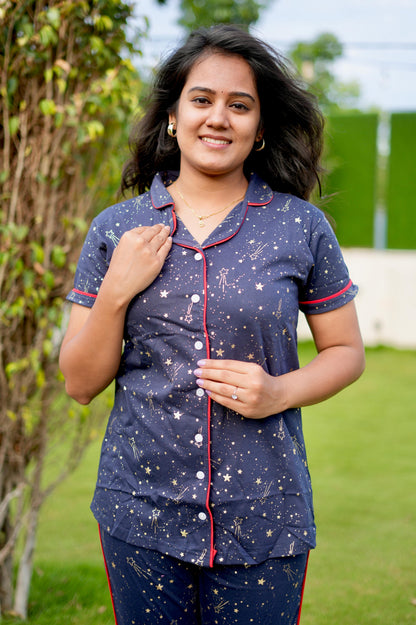 COLLAR PYJAMA SET DRESS WITH STAR NAVY