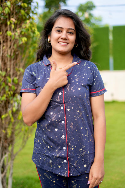 COLLAR PYJAMA SET DRESS WITH STAR NAVY