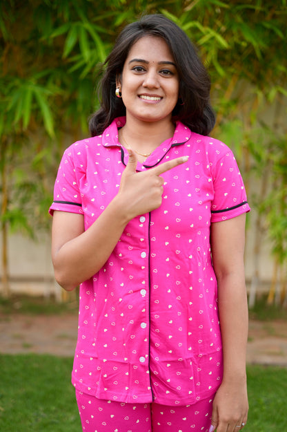 PREMIUM COLLAR PYJAMA SET DRESS WITH ROSE