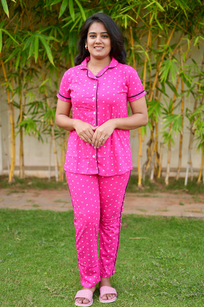 PREMIUM COLLAR PYJAMA SET DRESS WITH ROSE