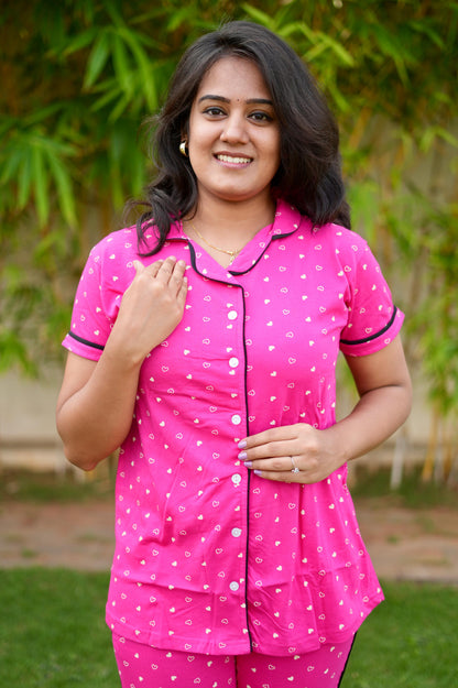 PREMIUM COLLAR PYJAMA SET DRESS WITH ROSE