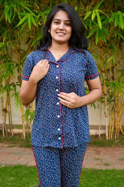PREMIUM COLLAR PYJAMA SET DRESS WITH NAVY DOT