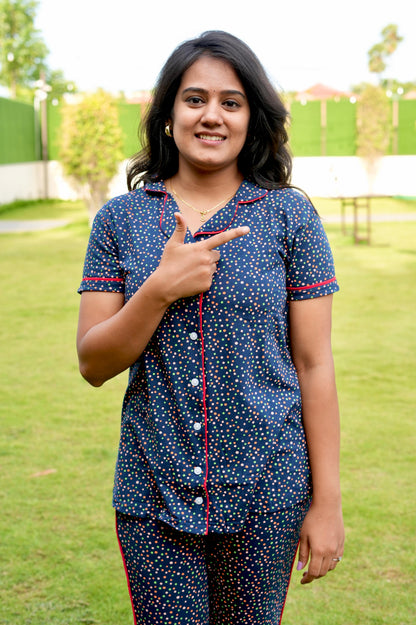 PREMIUM COLLAR PYJAMA SET DRESS WITH NAVY DOT