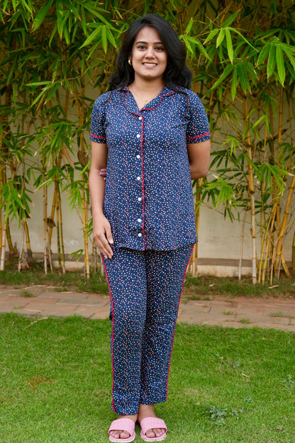 PREMIUM COLLAR PYJAMA SET DRESS WITH NAVY DOT