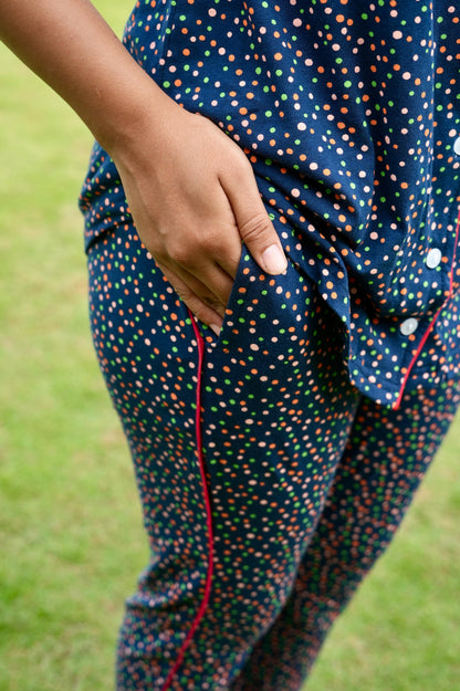 PREMIUM COLLAR PYJAMA SET DRESS WITH NAVY DOT