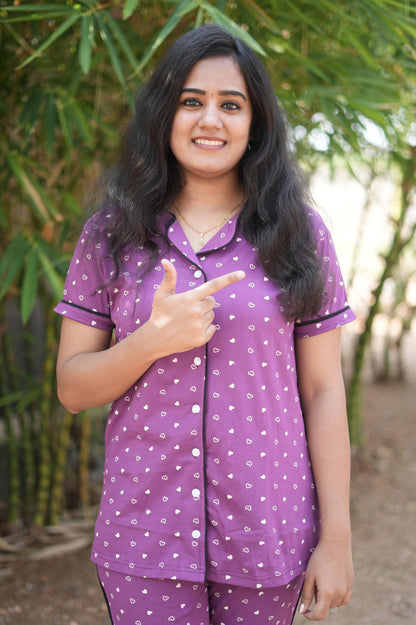 PREMIUM COLLAR PYJAMA SET DRESS WITH HEARTY VIOLET