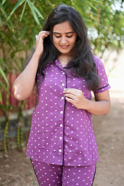 PREMIUM COLLAR PYJAMA SET DRESS WITH HEARTY VIOLET